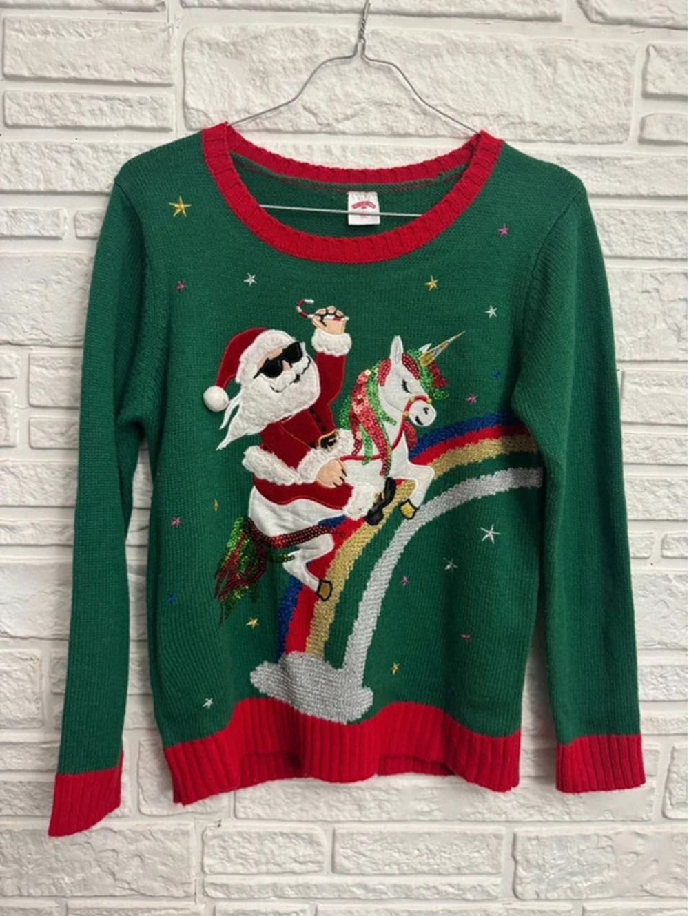 Holiday Time Green Santa Riding Unicorn Rainbow Ugly Christmas Sweater Womens XS